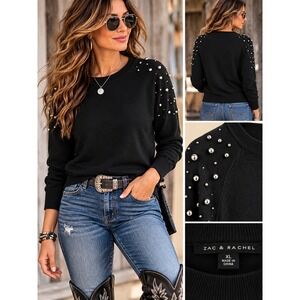 Zac & Rachel Western Studded Raglan Sweater Black XL silver 3d beads